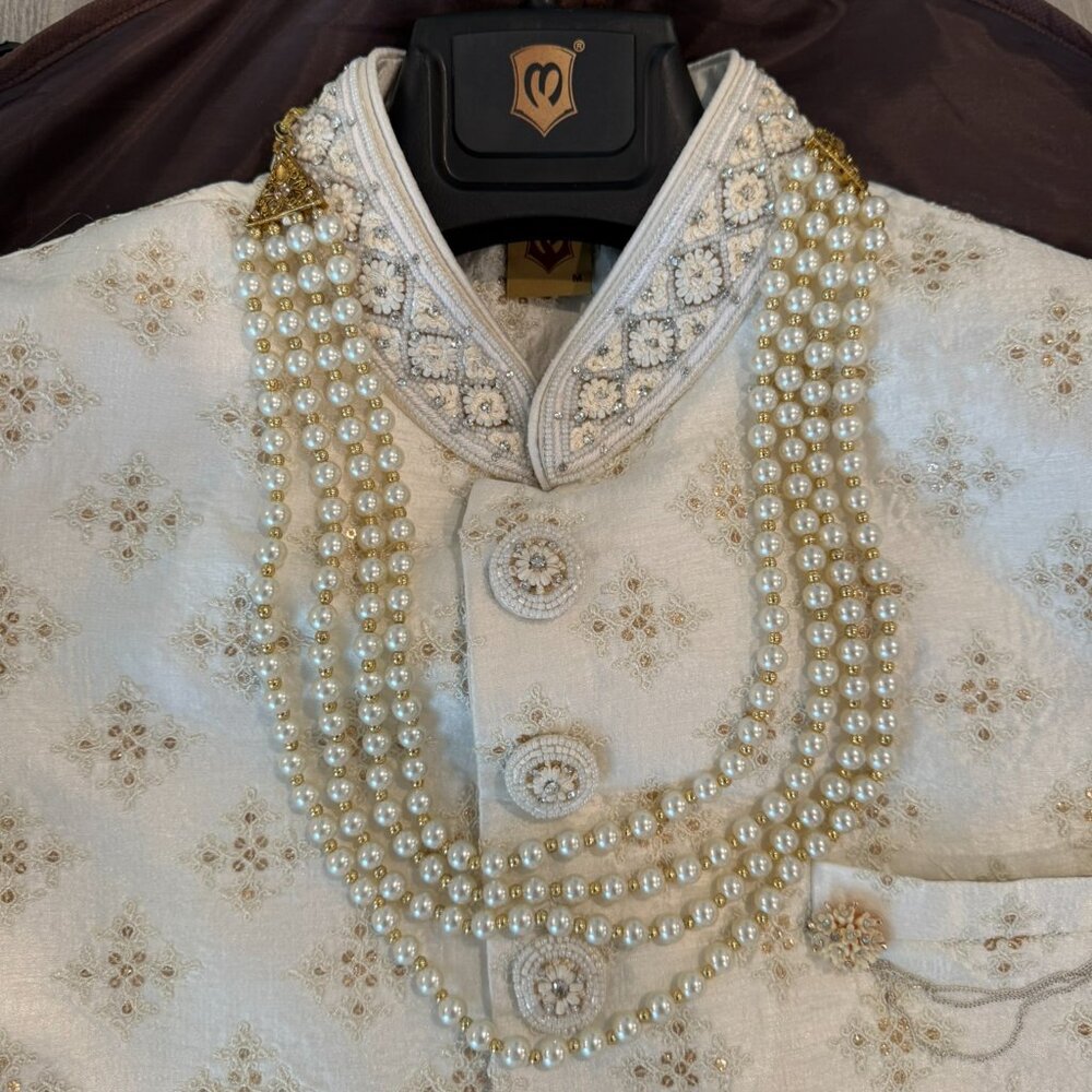 Warm White/Cream Men’s Wedding Sherwani - Size M - Brand Manyavar - Picture 3 of 8